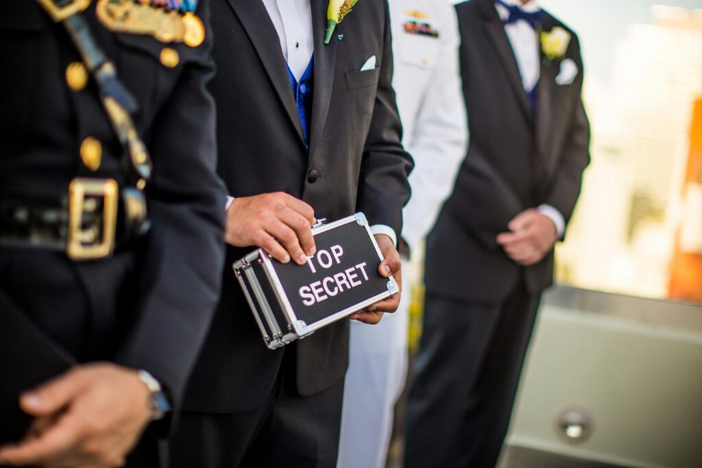 A group of men in formal military and business attire holding a 'Top Secret' briefcase indoors.