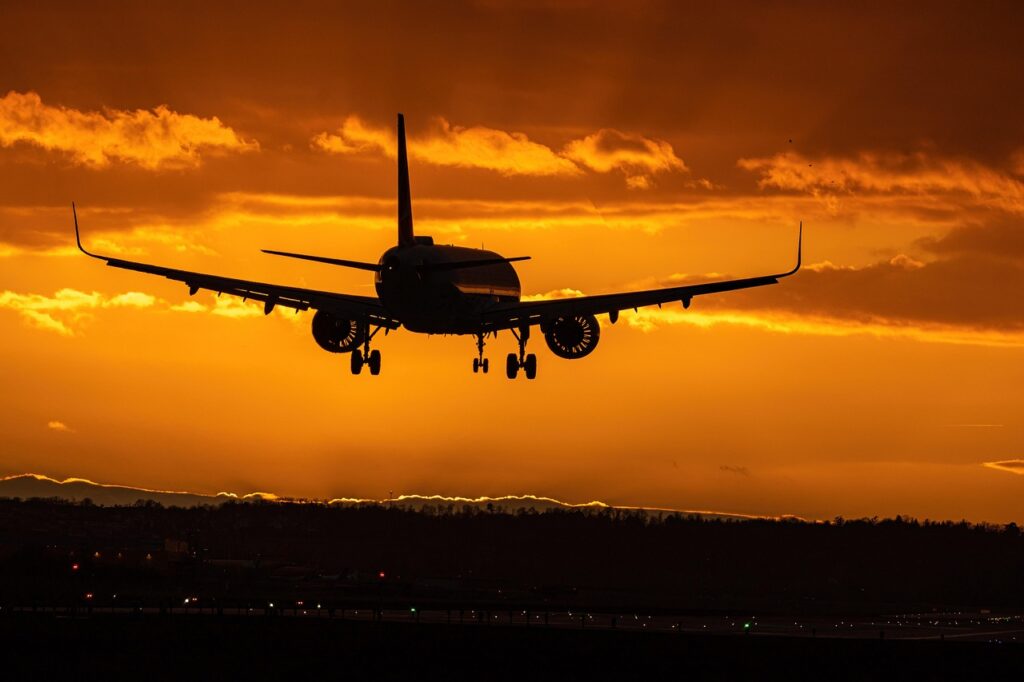 plane, airport, transportation, engine, dusk, sunset, travel, nature, freedom