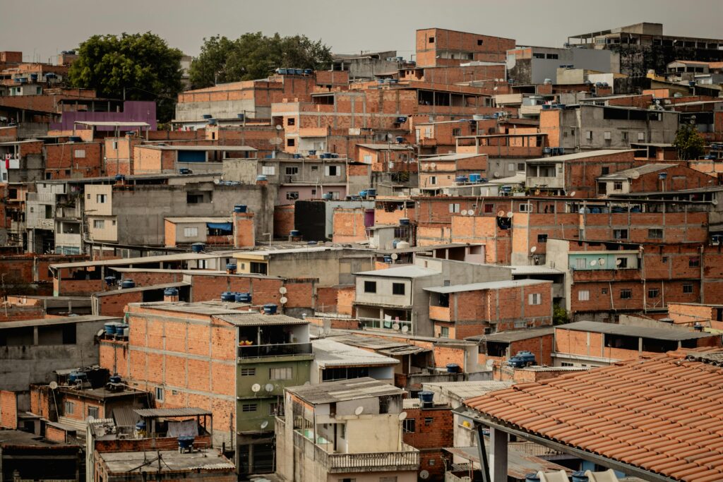 Colorful rooftops in a sprawling São Paulo favela, Brazil.